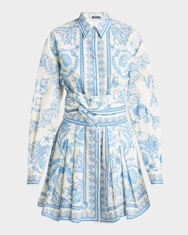 Versace Pleated Baroque Scarf-Print Mini Shirtdress