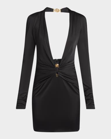 Versace Plunging Safety-Pin Ruched Responsible Liquid Jersey Mini Dress