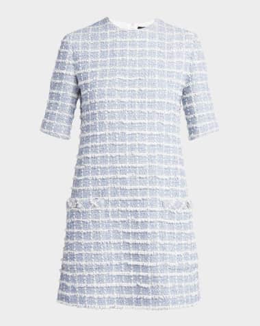 Versace Short-Sleeve Windowpane Tweed Boucle Mini Dress
