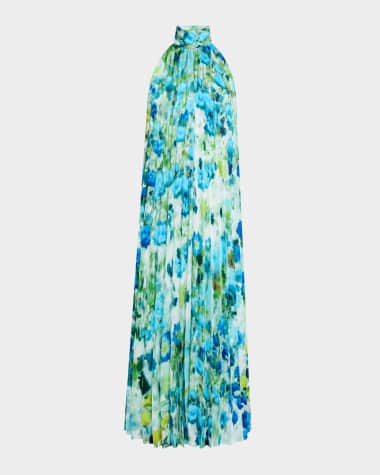 Ungaro Pleated Watercolor-Print Halter Midi Dress