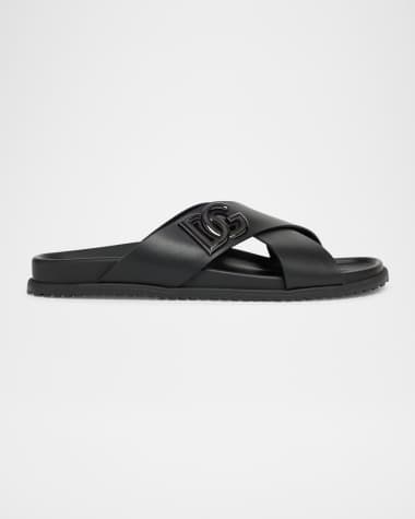 Dolce&Gabbana Men's Crisscross Leather Logo Slide Sandals