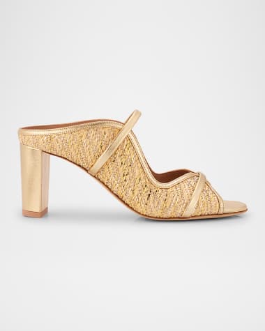 Malone Souliers Norah Metallic Nappa Leather Raffia Dual-Strap Mule Sandals
