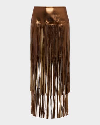 L'Agence Karolina Metallic Faux Leather Fringe Skirt
