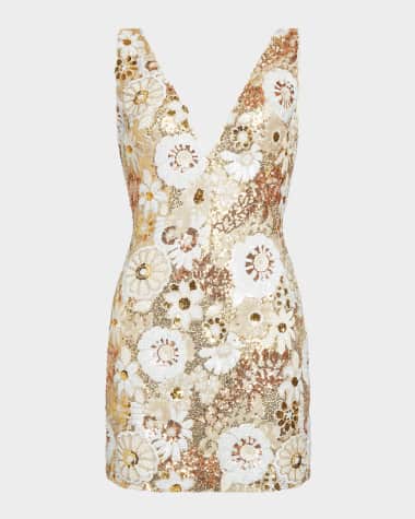 Ramy Brook Aera Deep V-Neck Floral Sequin Mini Dress