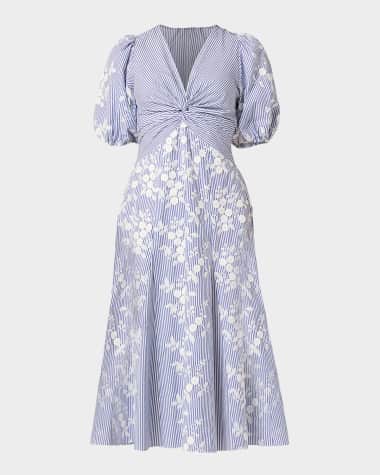 Shoshanna Dion Striped Floral Applique Midi Dress