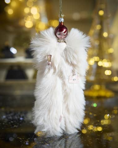 De Carlini Fashionista in Cream Fur Coat Christmas Ornament