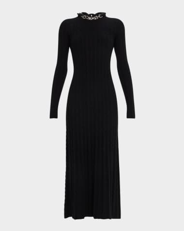 Rabanne Chain Collar Long-Sleeve Wool-Cashmere Midi Sweater Dress