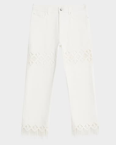 Rabanne Macrame-Inset Straight-Leg Fringed Ankle Pants