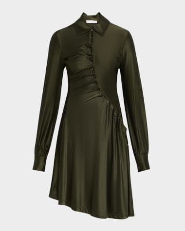 Rabanne Ruched Button Long-Sleeve Mini Shirtdress