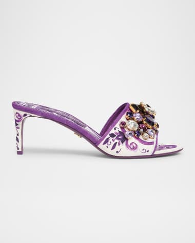 Dolce&Gabbana Maiolica Jeweled Printed Slide Sandals