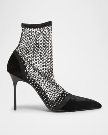 Balmain Velvet Strass Mesh Ankle Boots