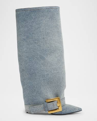 Balmain Anthem Washed Denim Buckle Knee-High Boots