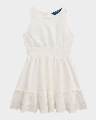Ralph Lauren Childrenswear Girl's Smocked Dress W/ Eyelet Trim, Size 2-6X