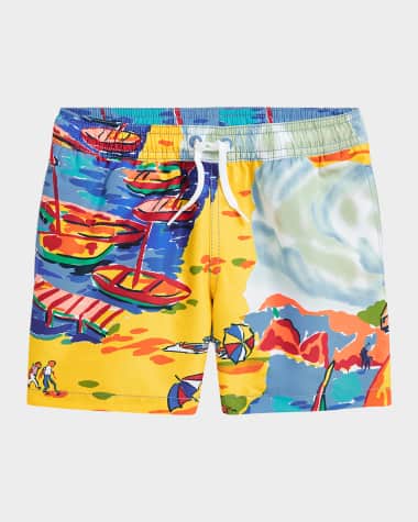 Ralph Lauren Childrenswear Boy's Seaside Village-Print Swim Shorts, Size 2-7