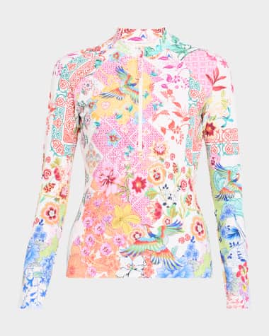 Johnny Was Paula Reverse Pique Long-Sleeve Surf Shirt