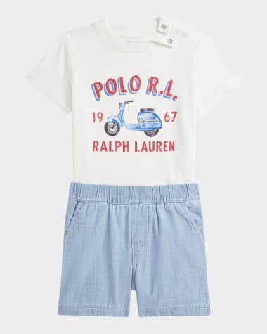 Ralph Lauren Childrenswear Boy's Graphic T-Shirt W/ Chambray Shorts, Size 3M-24M