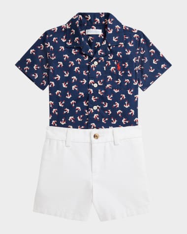 Ralph Lauren Childrenswear Boy's Anchor-Print Shirt W/ Canvas Shorts, Size 3M-24M