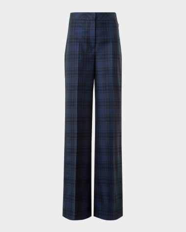 Akris Fior Check Wool Flannel Wide-Leg Trousers
