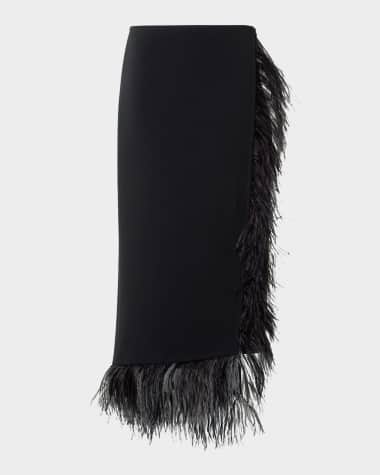 Akris Feather-Trim Wool Stretch Double Face Midi Wrap Skirt