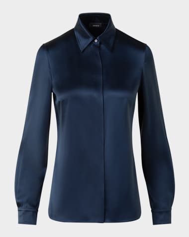 Akris Stretch Silk Satin Button-Down Blouse