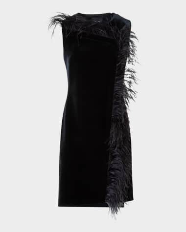 Akris Neoprene Velvet Feather-Trim Asymmetric Mini Dress