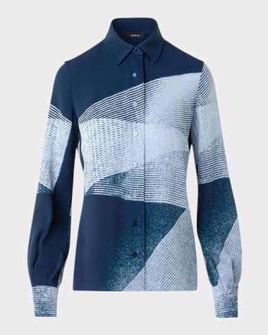 Akris Zigzag Print Silk Crepe Button-Down Blouse