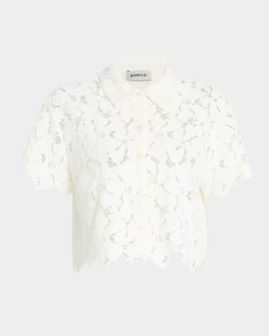 SIMKHAI Marjorie Cropped Floral Lace Camp Shirt