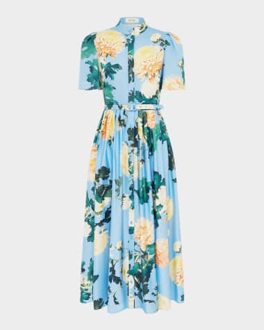 LEO LIN Bianca Pleated Floral-Print Midi Shirtdress