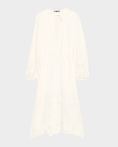 Kobi Halperin Yelle Pintuck Lace-Inset Linen Midi Dress