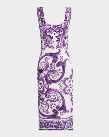 Dolce&Gabbana Sleeveless Majolica-Print Charmeuse Midi Dress