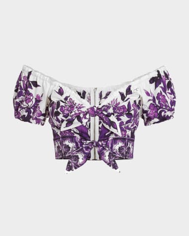 Dolce&Gabbana Majolica Poplin Off-The-Shoulder Puff-Sleeve Crop Top