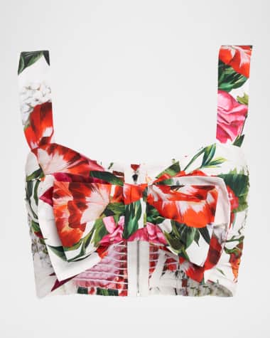 Dolce&Gabbana Anemone Lilly-Print Popeline Bow Crop Top