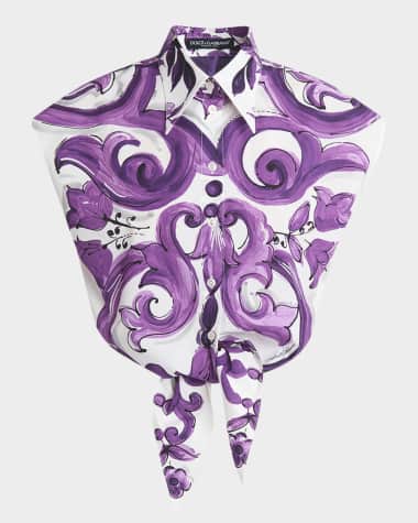 Dolce&Gabbana Tris Majolica Cap-Sleeve Tie Crop Shirt