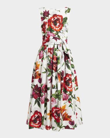 Dolce&Gabbana Anemone Floral Pleated Popeline Midi Dress With Belt