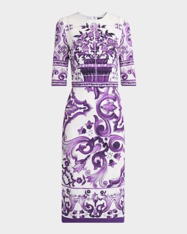 Dolce&Gabbana Majolica Charmeuse 3/4-Sleeve Midi Dress