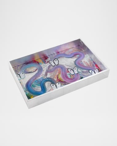 Hunt Slonem Butterfly Ribbon Silver Leaf Vanity Tray