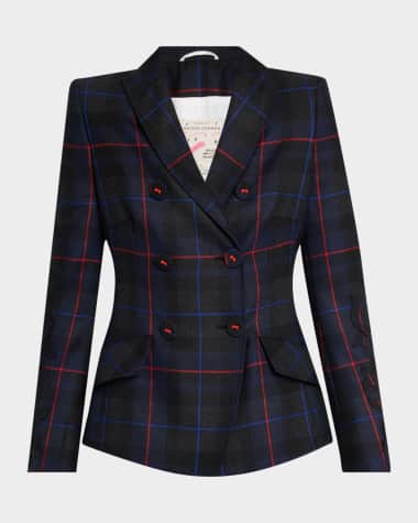 Maison Common Embroidered-Sleeve Plaid Double-Breasted Jacket