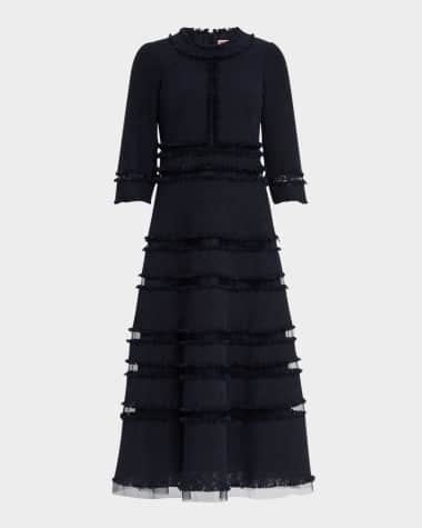 Maison Common 3/4-Sleeve Fringed Tulle-Inset Midi Dress