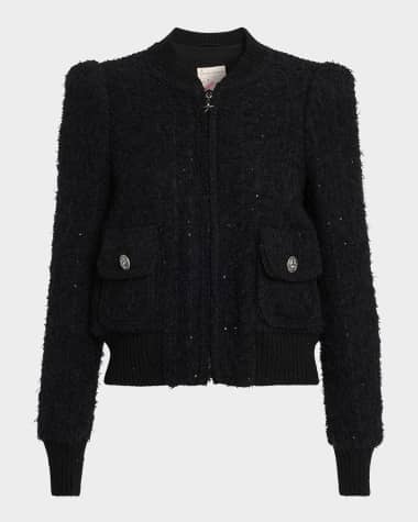 Maison Common Paillette Tweed Bomber Jacket With Metallic Knit Back