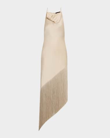 LAPOINTE Satin Cowl-Neck Fringe Midi Dress