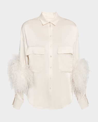 LAPOINTE Satin Button-Down Blouse With Feather Trim