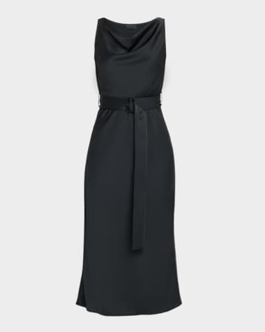 LAPOINTE Lightweight Satin Belted Midi Dress