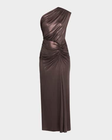 LAPOINTE Coated Jersey Ruched One-Shoulder Gown