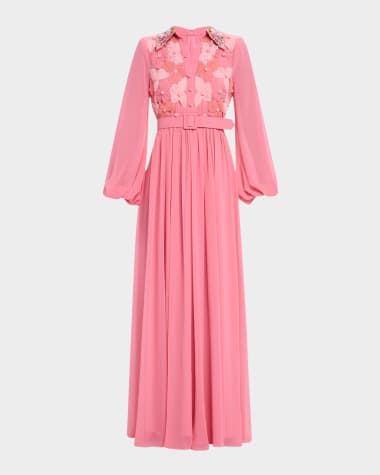 Badgley Mischka Collection Belted Floral-Embroidered Shirt Gown