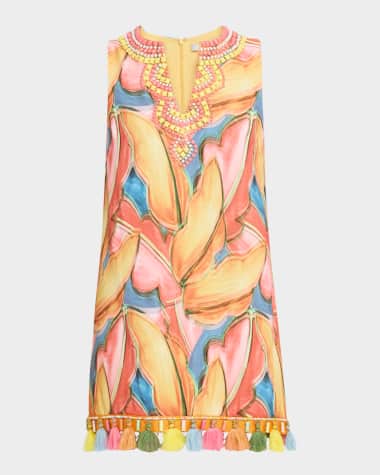 Badgley Mischka Collection Beaded Tassel-Trim Sleeveless Mini Dress