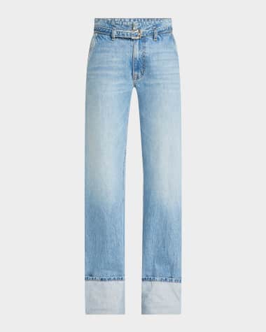 Brandon Maxwell Alexa Belted Wide-Leg Cuffed Jeans