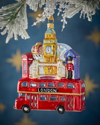 Neiman Marcus London Bus with Buidings Christmas Ornament