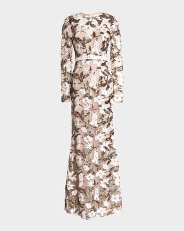 Dress the Population Black Label Tamra Belted Floral Sequin Gown