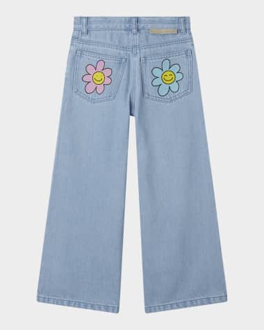 Stella McCartney Kids Girl's Flowers Print Wide-Leg Denim Pants, Size 4-8