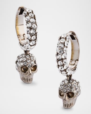 McQueen Pave Skull Hoop Earrings, Silver